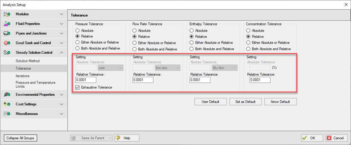 The Tolerance panel of Analysis Setup.